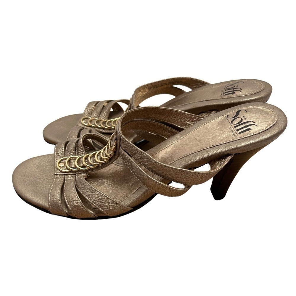 Sofft Champagne Gold Metallic Leather Strappy Chain Accent Mule Heels Gold 8 M